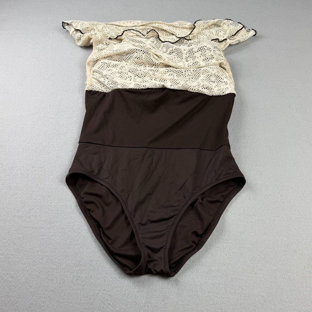 Vintage Y2K Coquette Lace Crochet One Piece Swimsuit Mossimo Women M Brown Cream - Picture 10 of 11